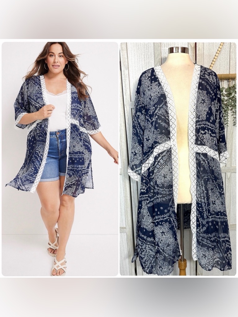 Maurice’s Plus Size Navy Paisley Crochet Trim Kimono Open Front Kimono 3x Nwt